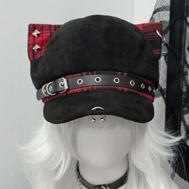 猫耳チェック切り替えスタッズパンクキャップ(3タイプあり)(lli_6769)