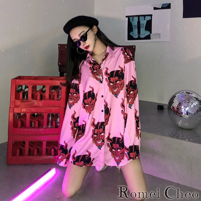 RomelCheo 鬼柄シャツ 総柄 長袖 オーバーサイズ ゆったり RomelCheo 鬼柄シャツ 総柄 長袖 オーバーサイズ ゆったり