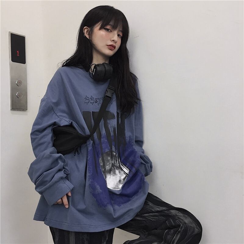 ダークTシャツ オータムレディースプリントルーズトップス ロング 大きめサイズ かわいい 秋物 ケッペル86831316901