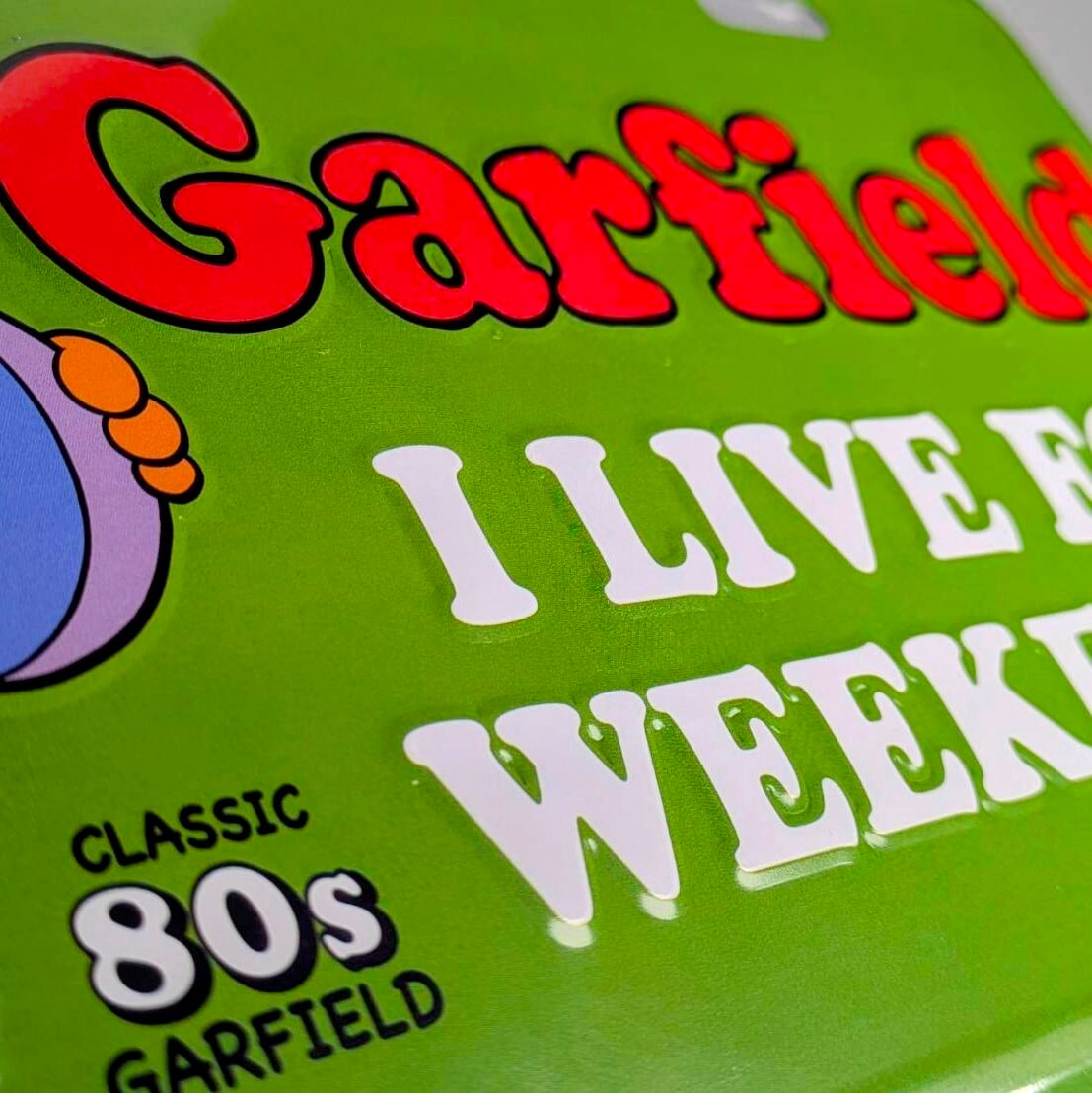 【 GARFIELD ( ガーフィールド ) 】CLASSIC 80s / “ I LIVE FOR WEEKENDS! ” / CM PLATE / CMプレート / ライセンスプレート 〚アメリカン雑貨 アメトイ〛