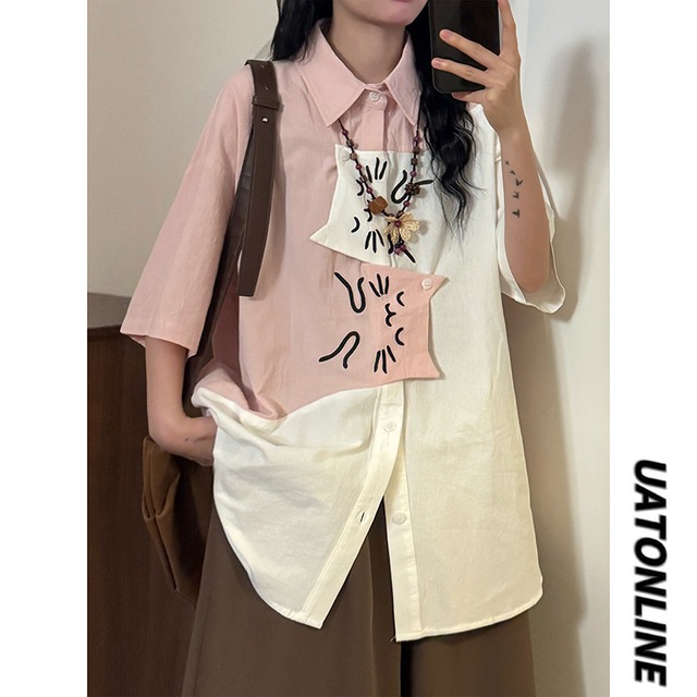 【UATONLINEシリーズ】★シャツ★ 2color トップス 半袖 ユニセックス 猫 配色 可愛い 夏服 ブルー ピンク