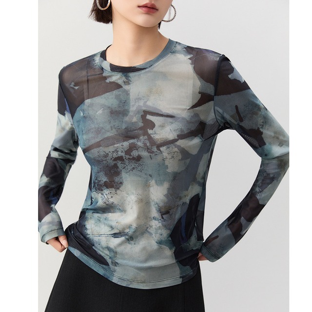 ink wash contrast mesh knit long sleeve top＜t1581＞