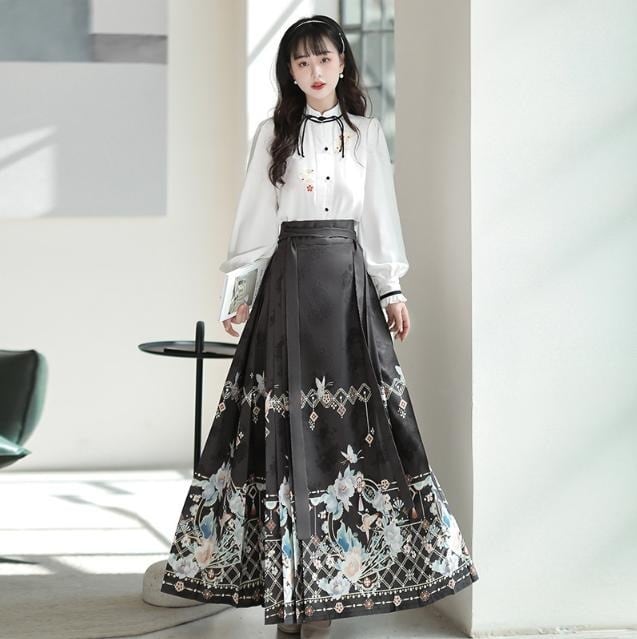 サブカル 服 地雷系 通販 チャイナ服 上下セット シャツ 花柄刺繍 プリーツ ロングスカート花柄プリント チャイナ風 レトロ ガーリー 秋葉系ファッション