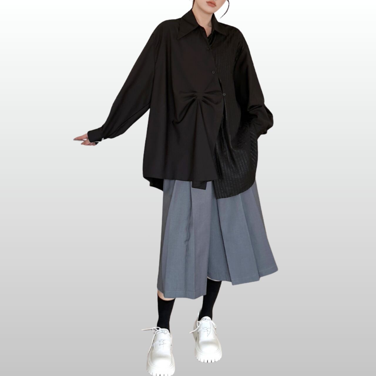 asymmetric shirt dress with band collar and waist ribbon 00225