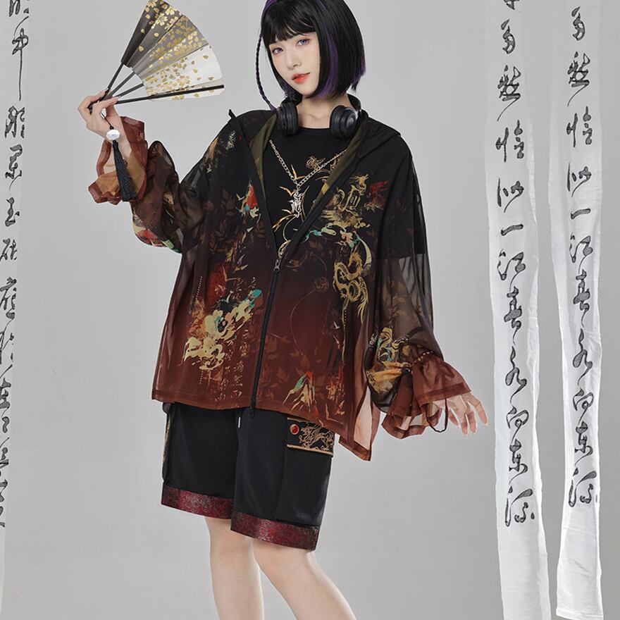 中華ゴシック ハーフパンツ ユニセックス 刺繍 卿棠オリジナル 夏服 Y2Kファッション ストリートファッション