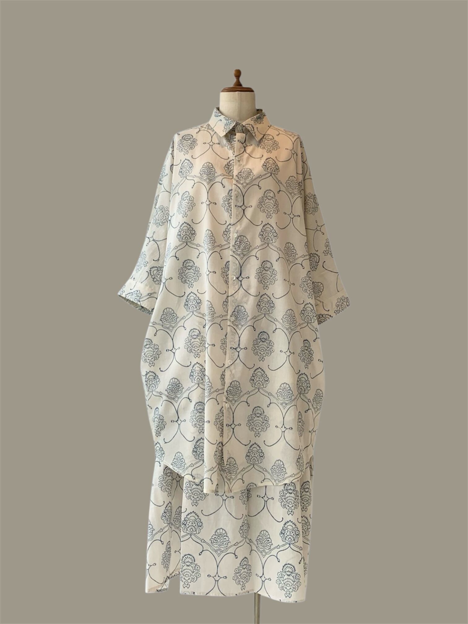 新作 涼しい 軽い ロングシャツ インド綿 ブロックプリント 春夏ファッション