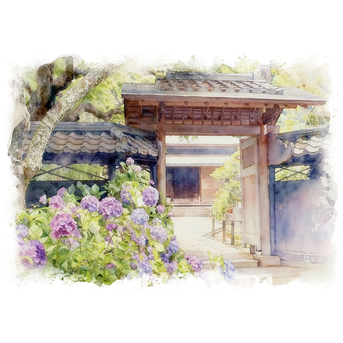絵画 日本 神奈川県鎌倉市 東慶寺 風景画 インテリアアート額付き 水彩画・油絵風 WAT0145