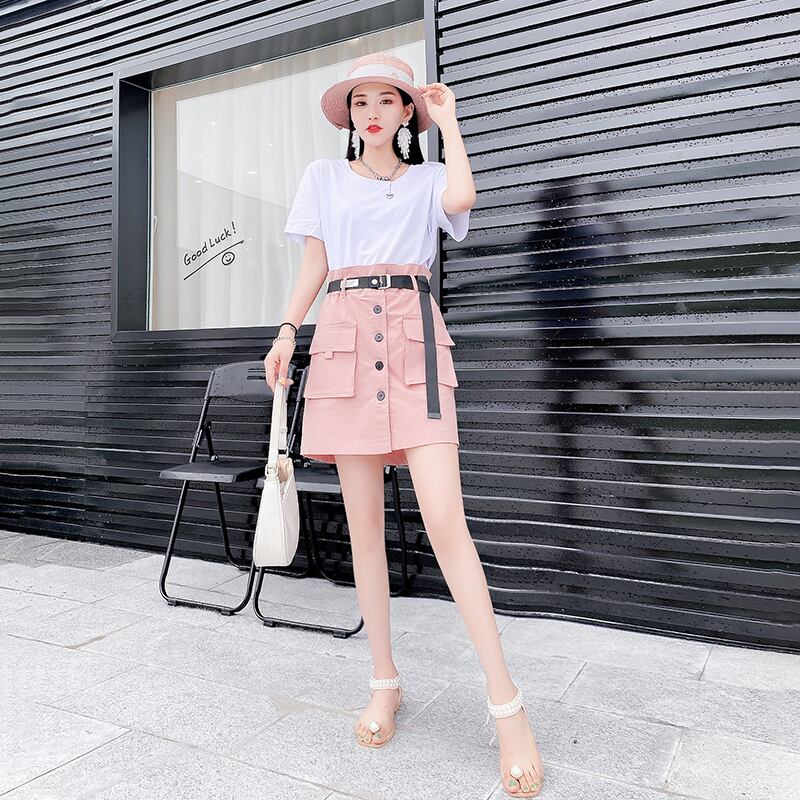 ラウンドネックTシャツ ベルト ショートスカート サマースタイル 大きめサイズ 夏物 ハーネス Oネック ミックスインファッション22918279663
