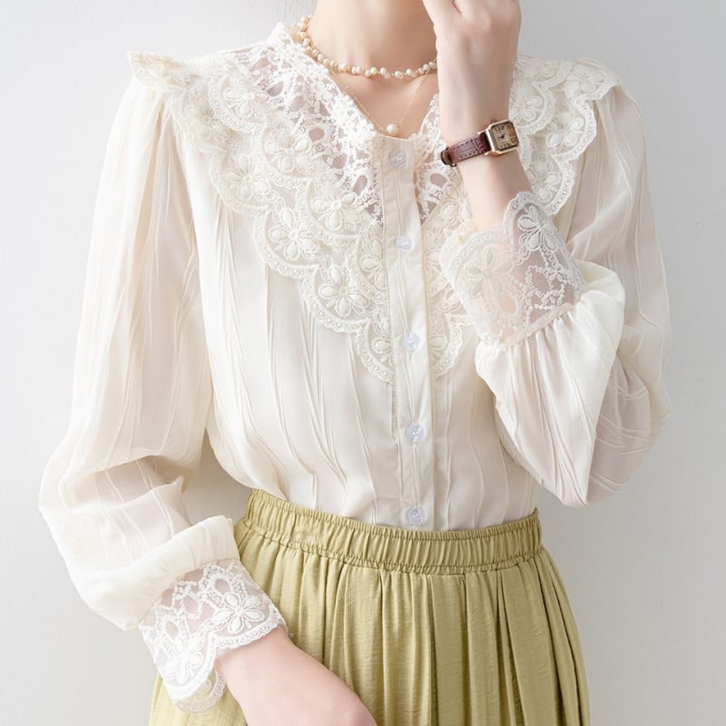 フラワーモチーフレース襟&フリル袖ブラウス Me0948 | Melffy