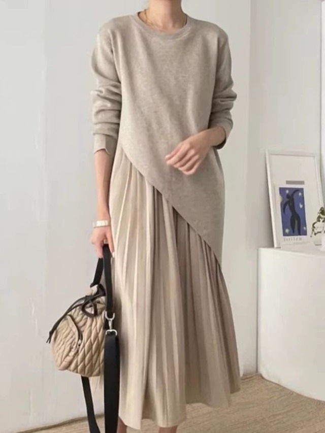 147cm〜　イレギュラーフェイクツーピースパッチワークプリーツワンピース