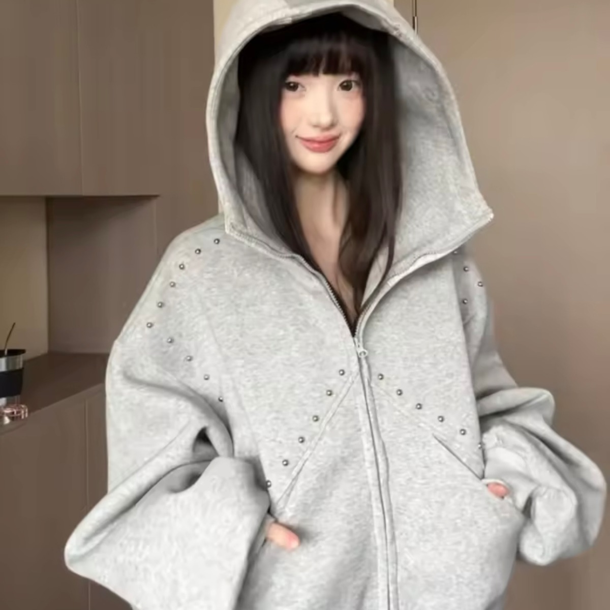 リベット スタッズ ジップアップ パーカー グレー 黒 韓国 ストリート 