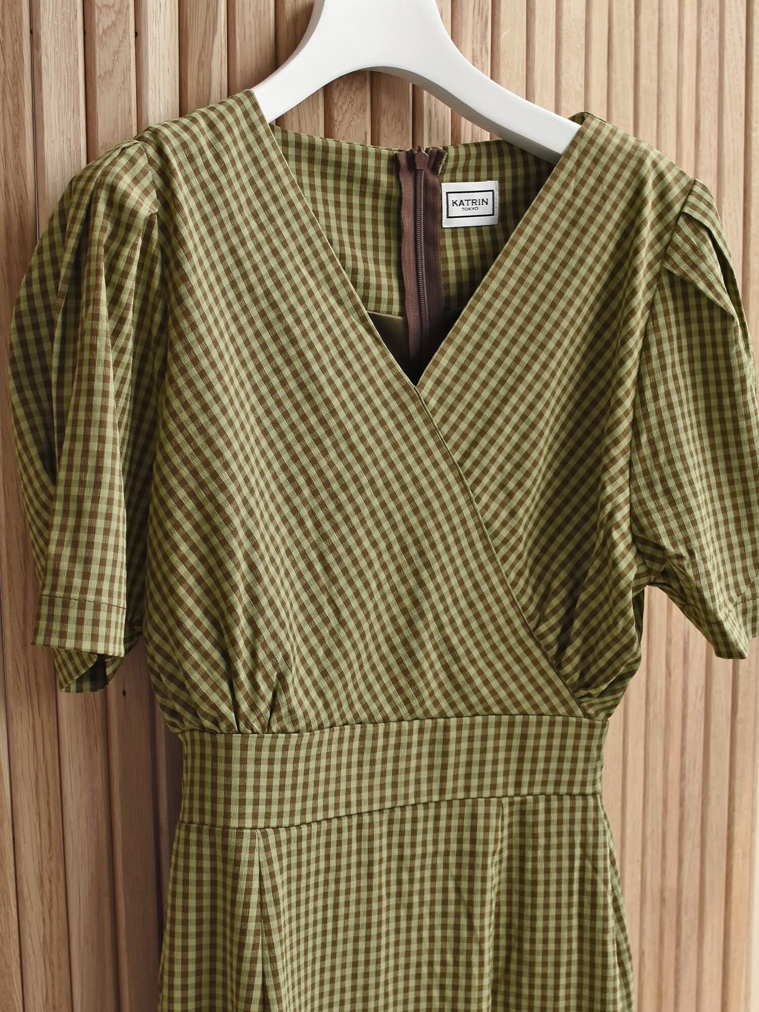 v-neck maxi onepiece gingham-green×brown - ロングワンピース