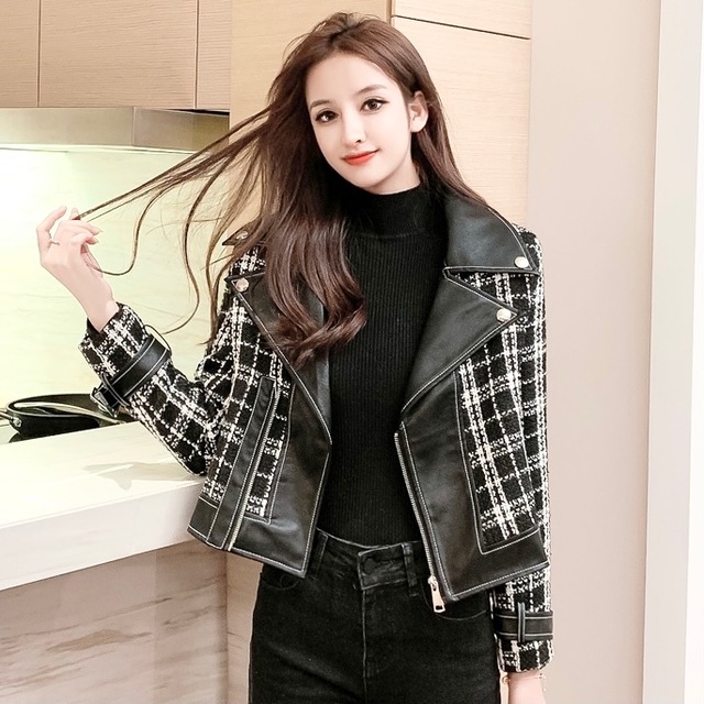 チェック柄レザーライダースジャケット