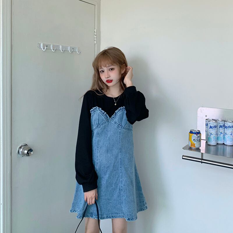 フェイクツーピースデニムステッチセータードレス女性2020年秋新作黒長袖スカートスモールショートスカート ブラックストロベリース99469359154