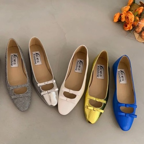 パンプス レディース バレエシューズ リボン フラットシューズ フェイクレザー エコレザー ローヒー 1cmヒール ダブルリボン 美脚 レトロ クラシカル 5color きれいめ ガーリー おしゃれ