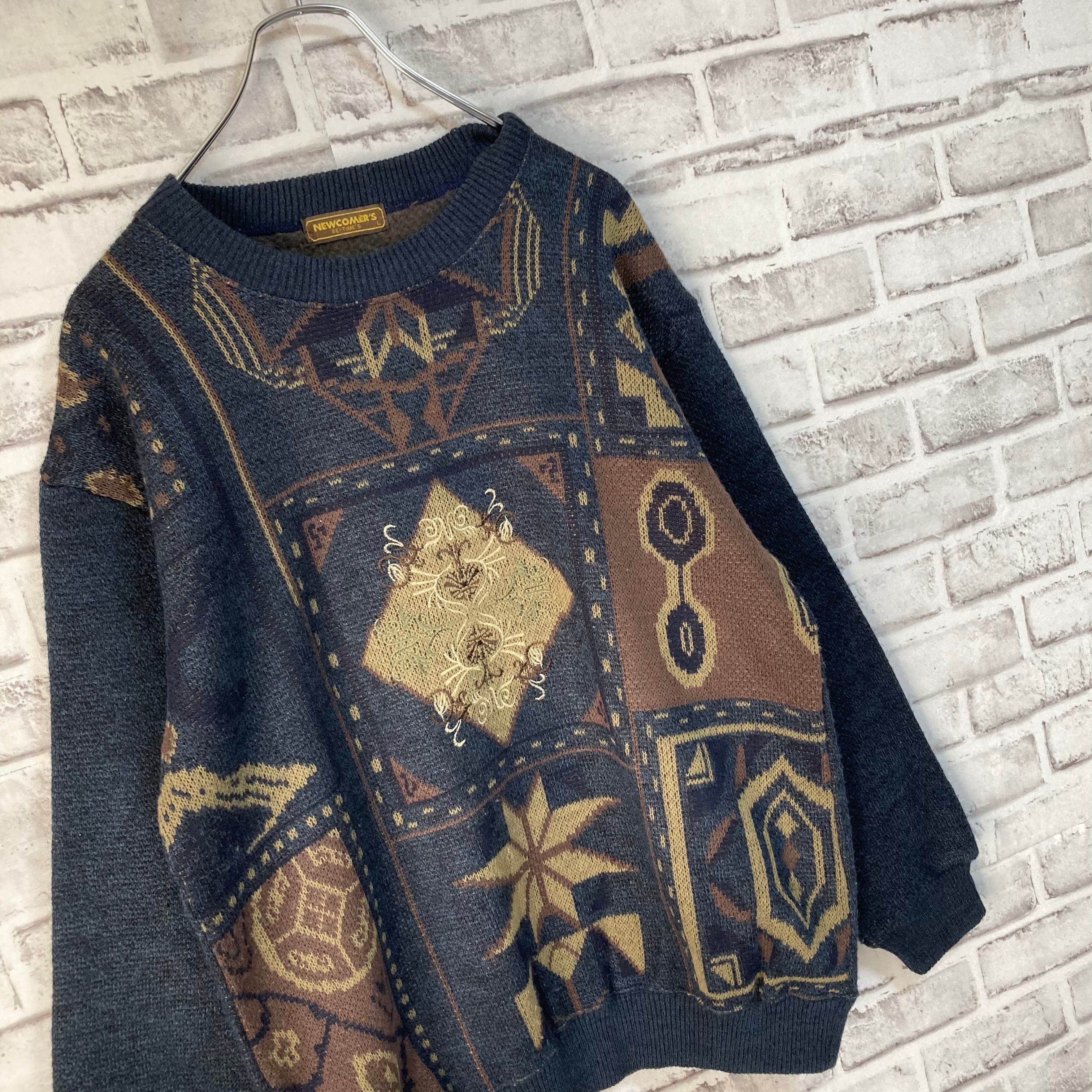 【NEW COMER’S】Design Knit L Made in JAPAN デザインニット 日本製 総柄ニット セーター ウール混合 刺繍 古着
