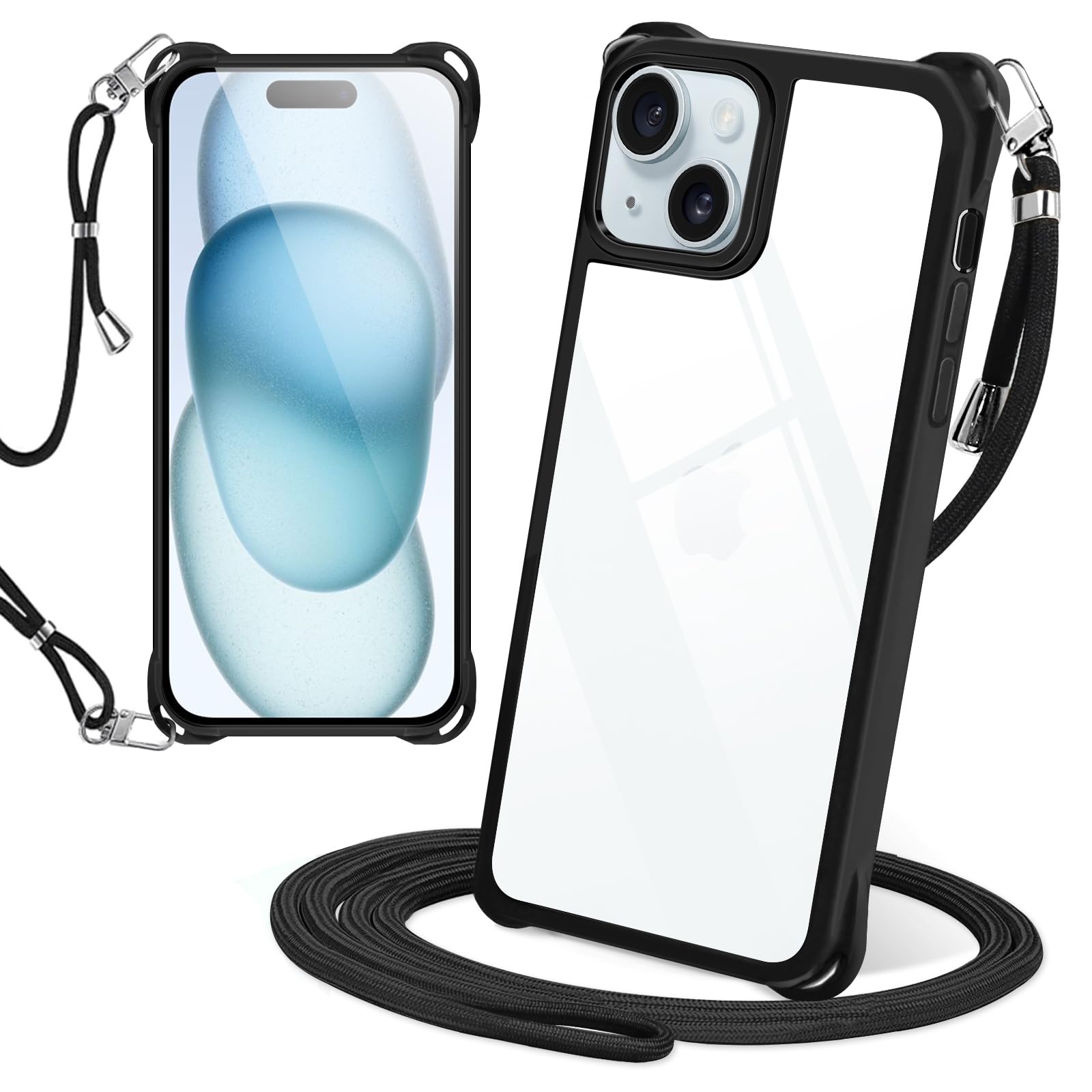 Loodoomo iPhone15 用の ケース ショルダー クリア アイフォン15 ストラップ付き スマホケース 肩掛け(ブラック)