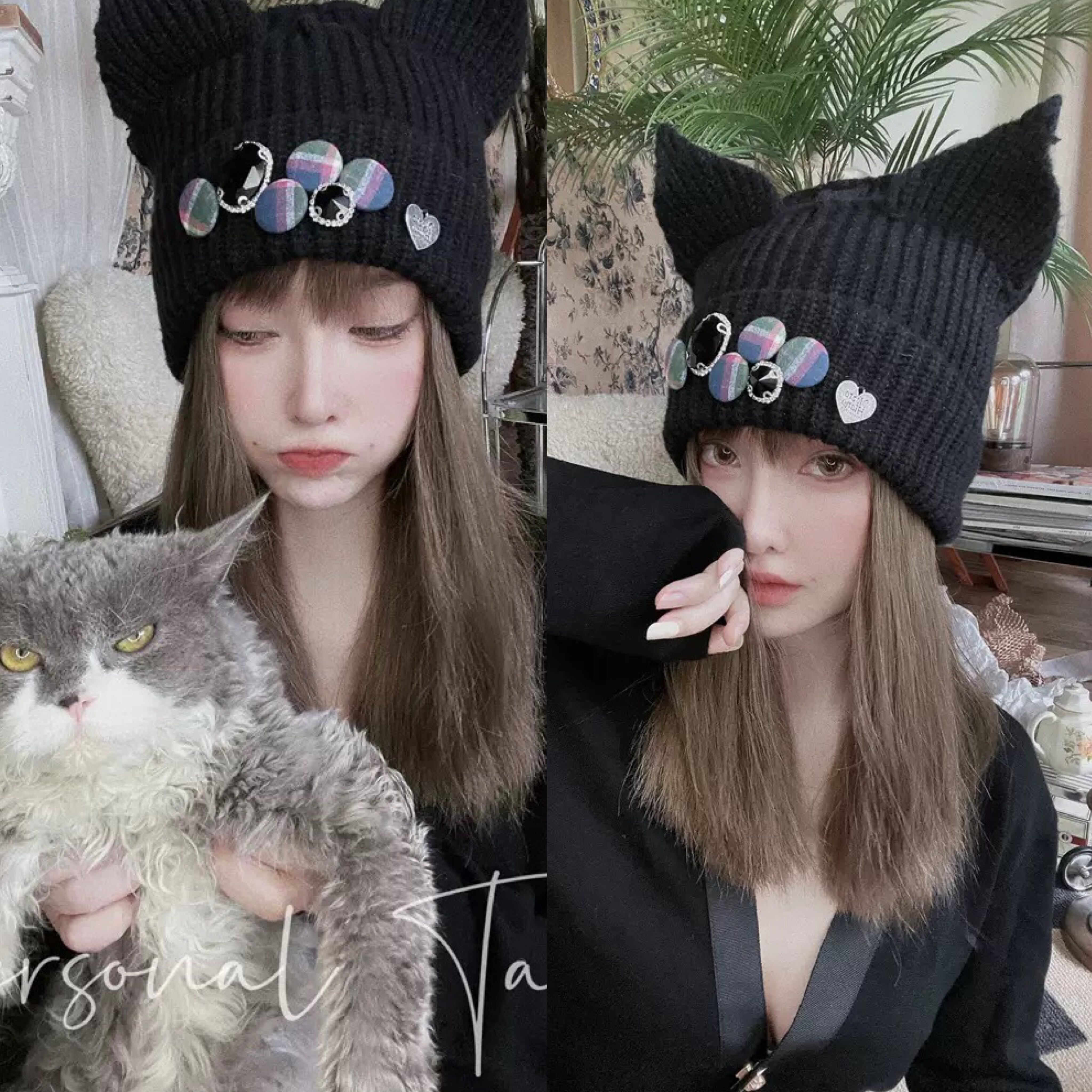 ニット 黒 猫耳 バッヂ デコレーション ベレー帽 キャスケット