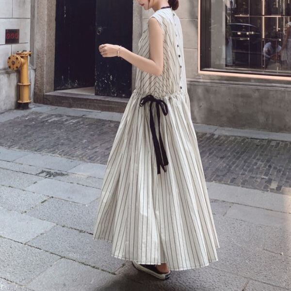 ワンピース マキシ丈 ノースリーブ ストライプ リボン nin220901