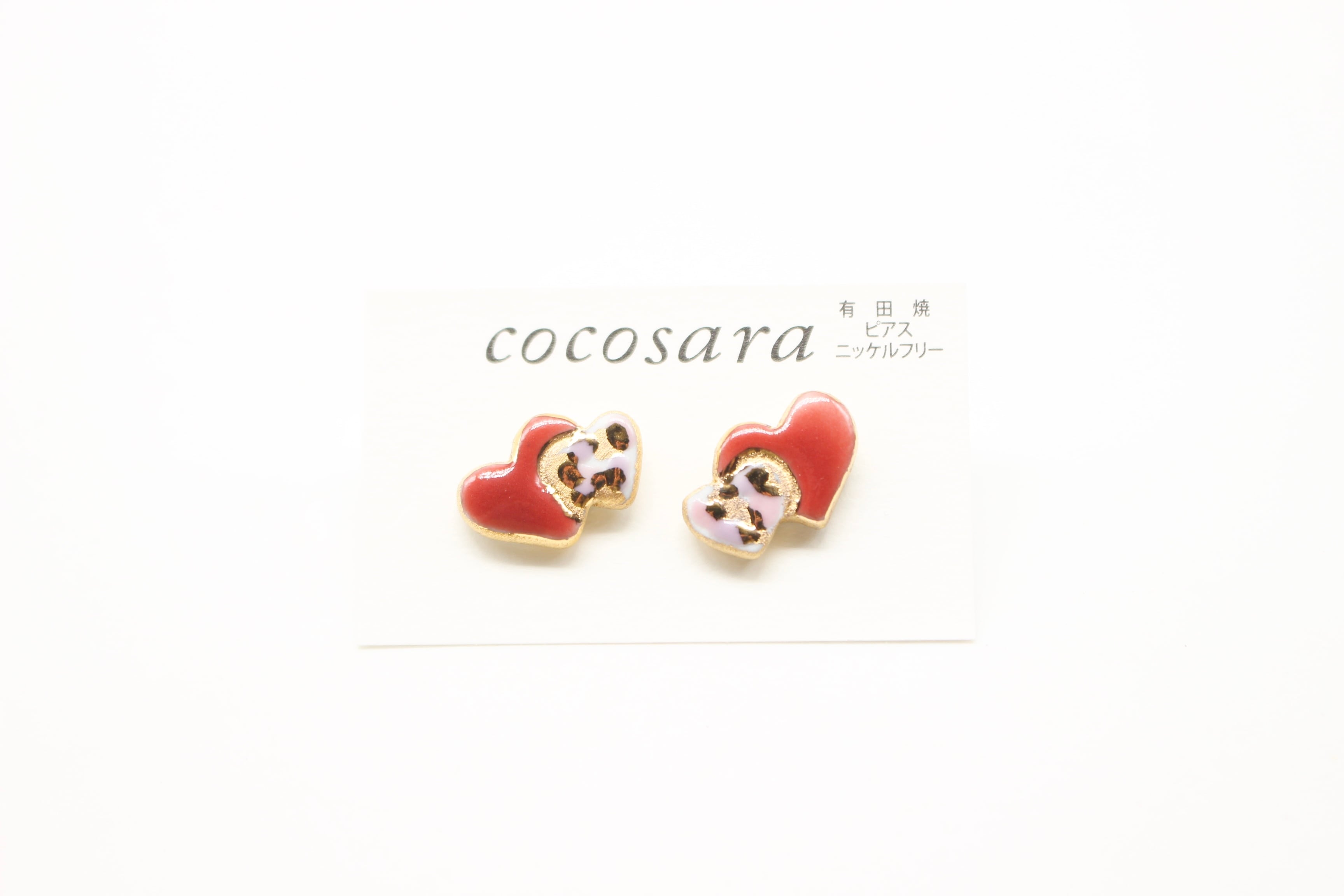 有田焼ピアス Wハート 赤カモフラージュ(金彩) | 有田焼アクセサリー
