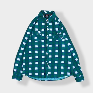 【QUIKSILVER】X-LARGE  ビッグサイズ フランネルシャツ ネルシャツ 長袖 ブロック チェック柄 カジュアルシャツ 刺繍ロゴ フラップポケット クイックシルバー グリーン系 US古着