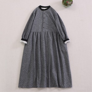 バンドカラー 長袖 ギャザー ワンピース 1068