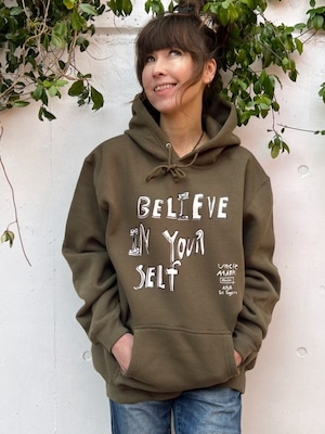 裏起毛！Believe In Yourself Olive パーカ (Black and White Ink)