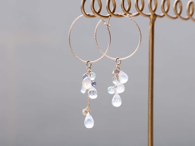 14kgf- rainbow moon stone glitter hoop pierced earrings / can be chang to A.N original clip-on