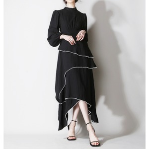 アシンメトリー × パールライン ブラックドレス ランタンスリーブ ロングワンピース　G1074