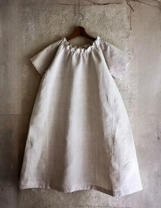 フランス 1900s リネン 灰色サーカスとピエロギャザーワンピースc アンティーク