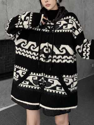 Geometric hooded loose knit jacket [T2565]