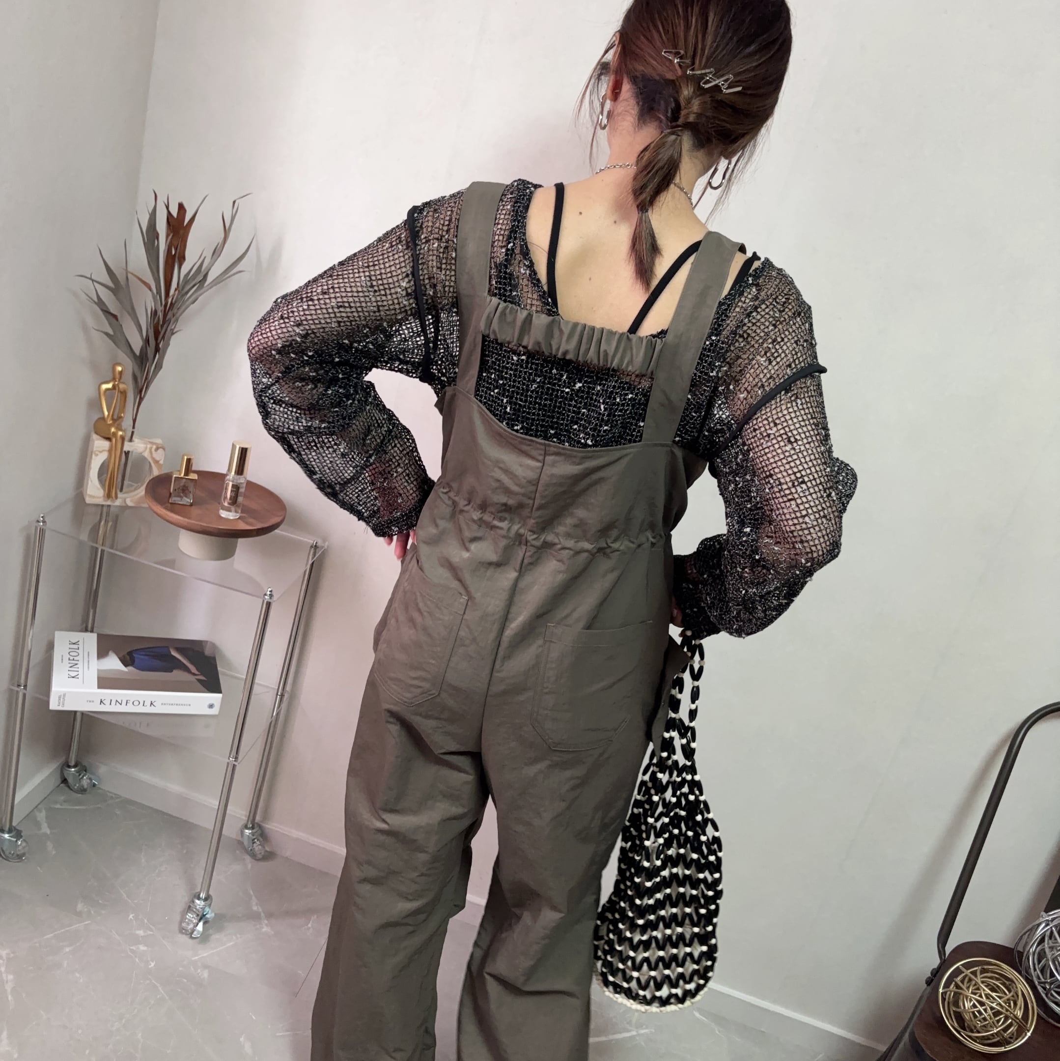 nylon front zip west gathe salopette【khaki】