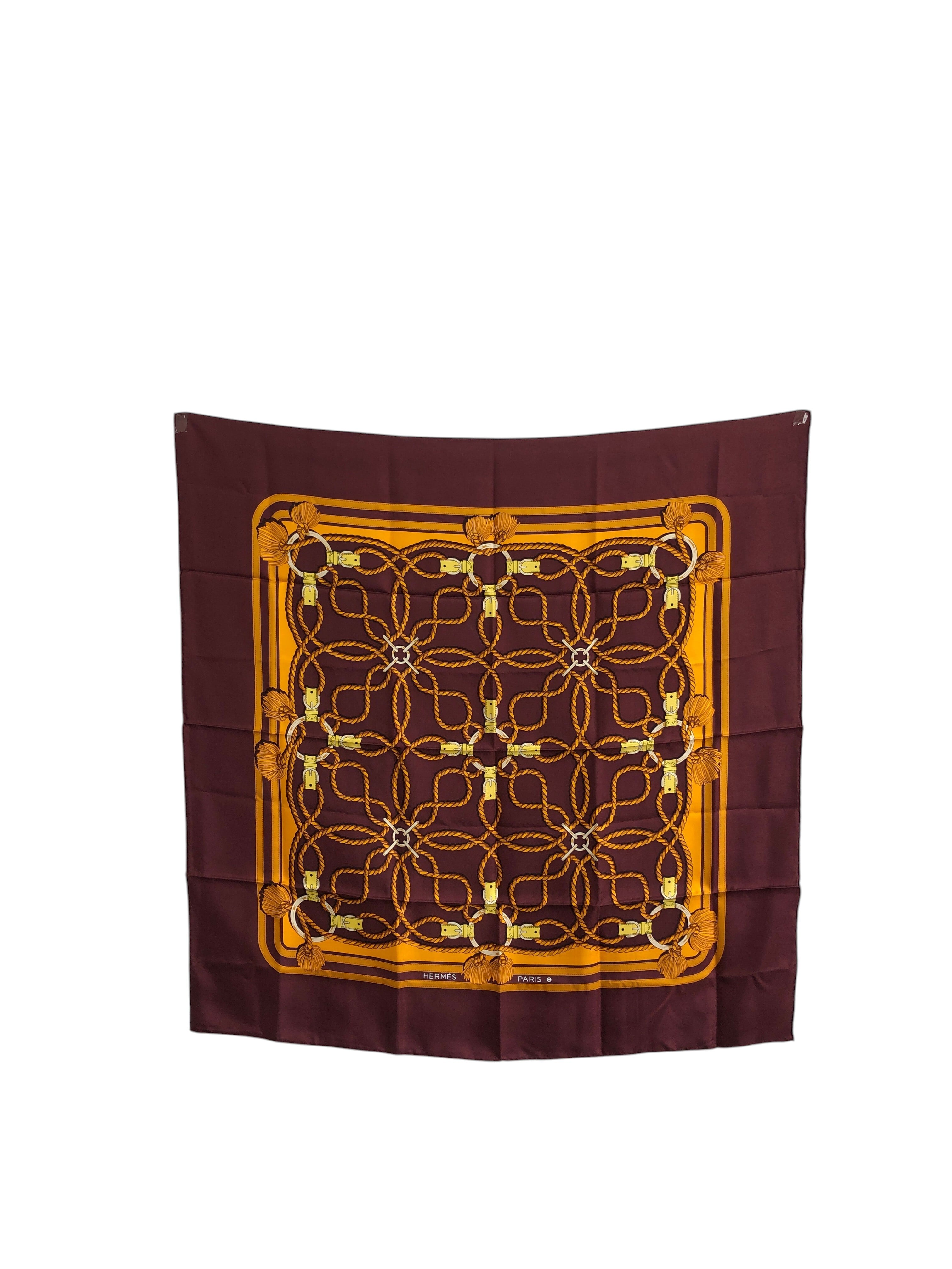 HERMES エルメス カレ90 スカーフ ボルドー ロープ タッセル シルク ベルトモチーフ vintage ヴィンテージ オールド jmarx7