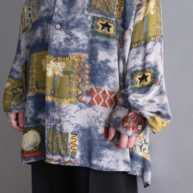 art graphic pattern loose rayon shirt