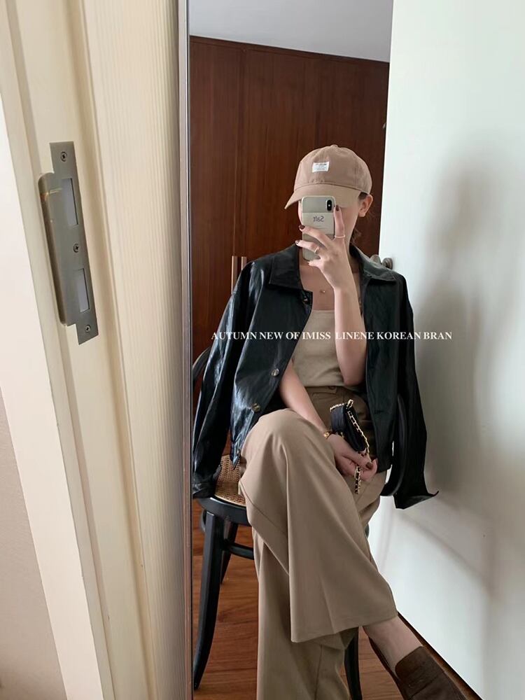 ブラックレザージャケット オータムウィンタースタンダードスタイルソリッド カラールーズ ロング レトロ 秋物 冬物 ソリッドカラー ビッグFスモールZ韓国41765953905