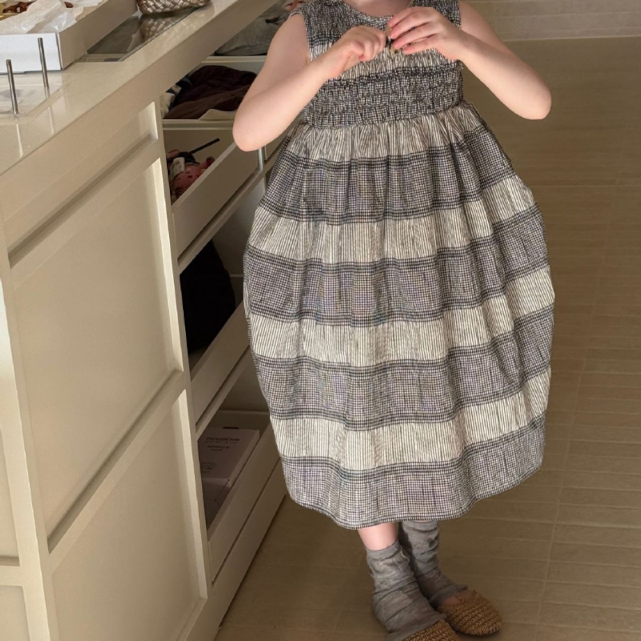 夏韓国風チェック柄ワンピース