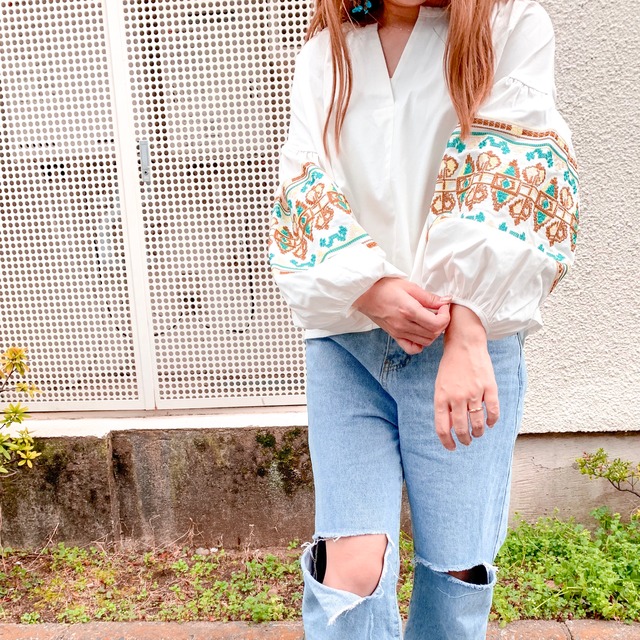 volume sleeve embroidery shirt