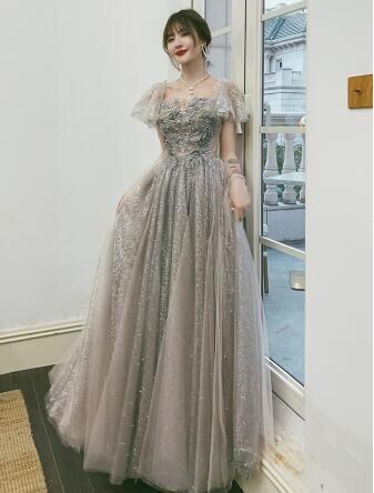 上品！パーティードレス グレー ボートネック 花モチー ロング