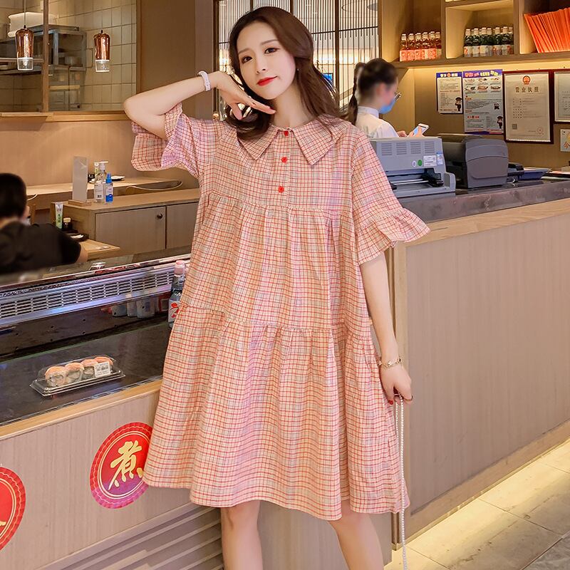 【新作】【送料無料】 マタニティドレス2020夏の新しい綿とリネンの格子縞の人形の襟のドレス小さな新鮮なミドル丈のマタニティドレス-アリババ コットン サマー 夏物 expec255401295276
