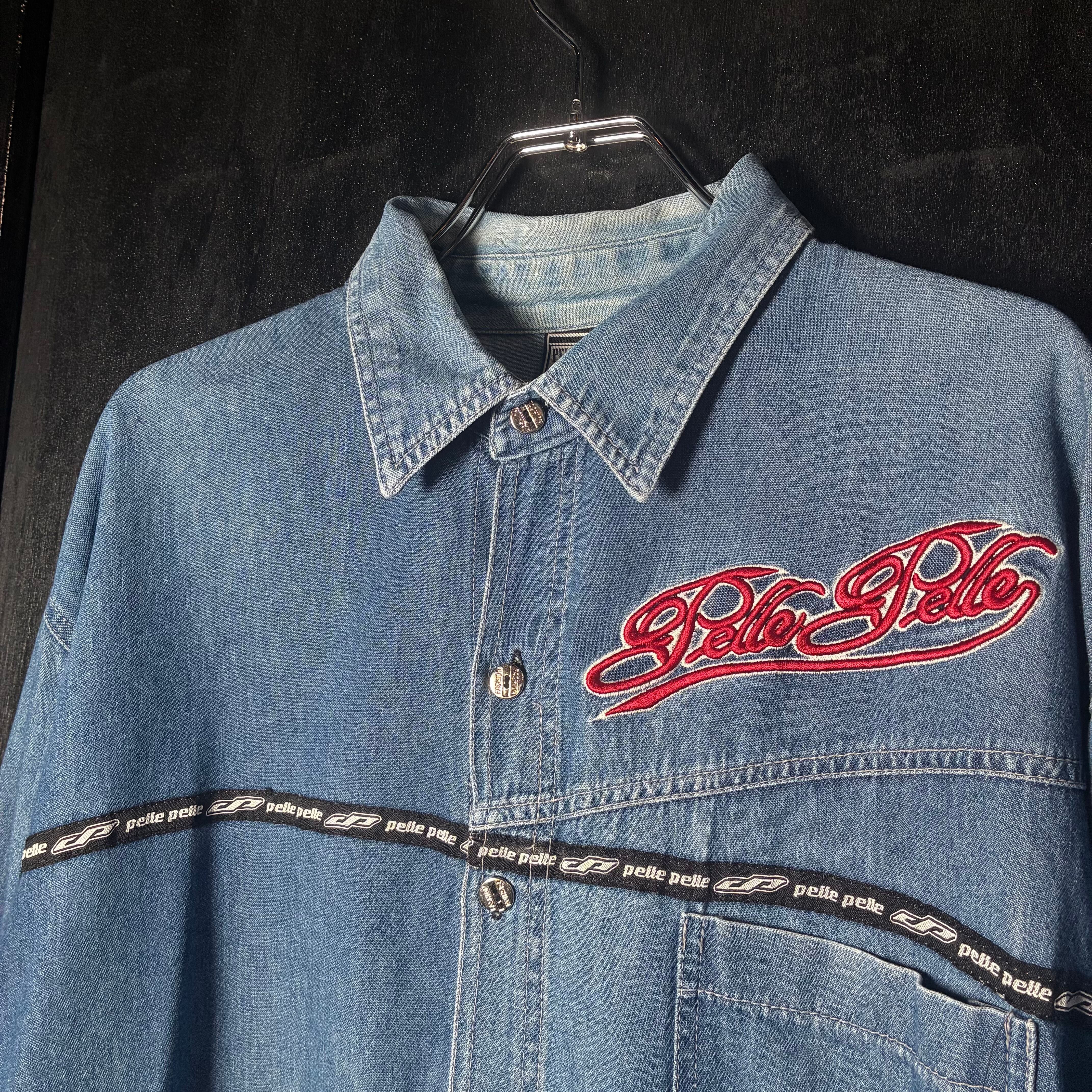 PellePelleペレペレ オーバーサイズ バイカラー デザインシャツ PELLE PELLE デニムシャツ L/Sシャツ ペレペレ 刺繍 ストリート XL