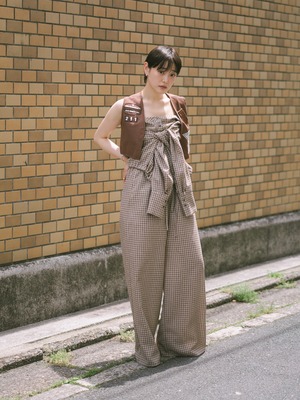 slow check double waist pants