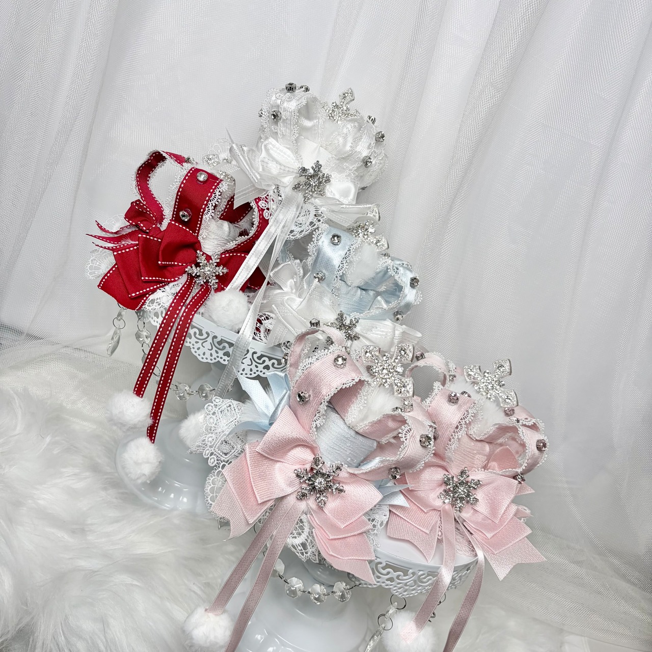 ♡【全5色】MAID スノープリンセス 雪の結晶ビジュークラウン&ぽんぽんリボンクラウンミニハット red ♡