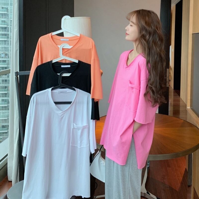 2020年夏バージョン新作スプリットルーズルーズミドル丈半袖TシャツトップスレディースボトミングシャツレイジースタイルVネック 1号婦人32482736776