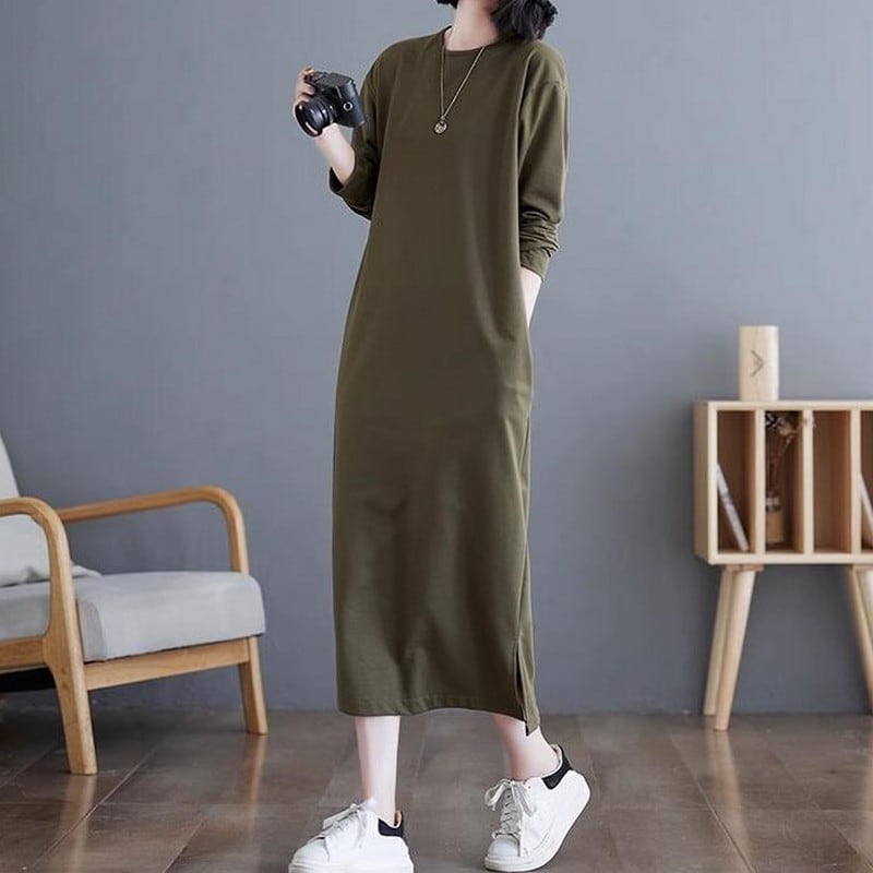 ラウンドネックカットソーロングワンピ(7色)10460