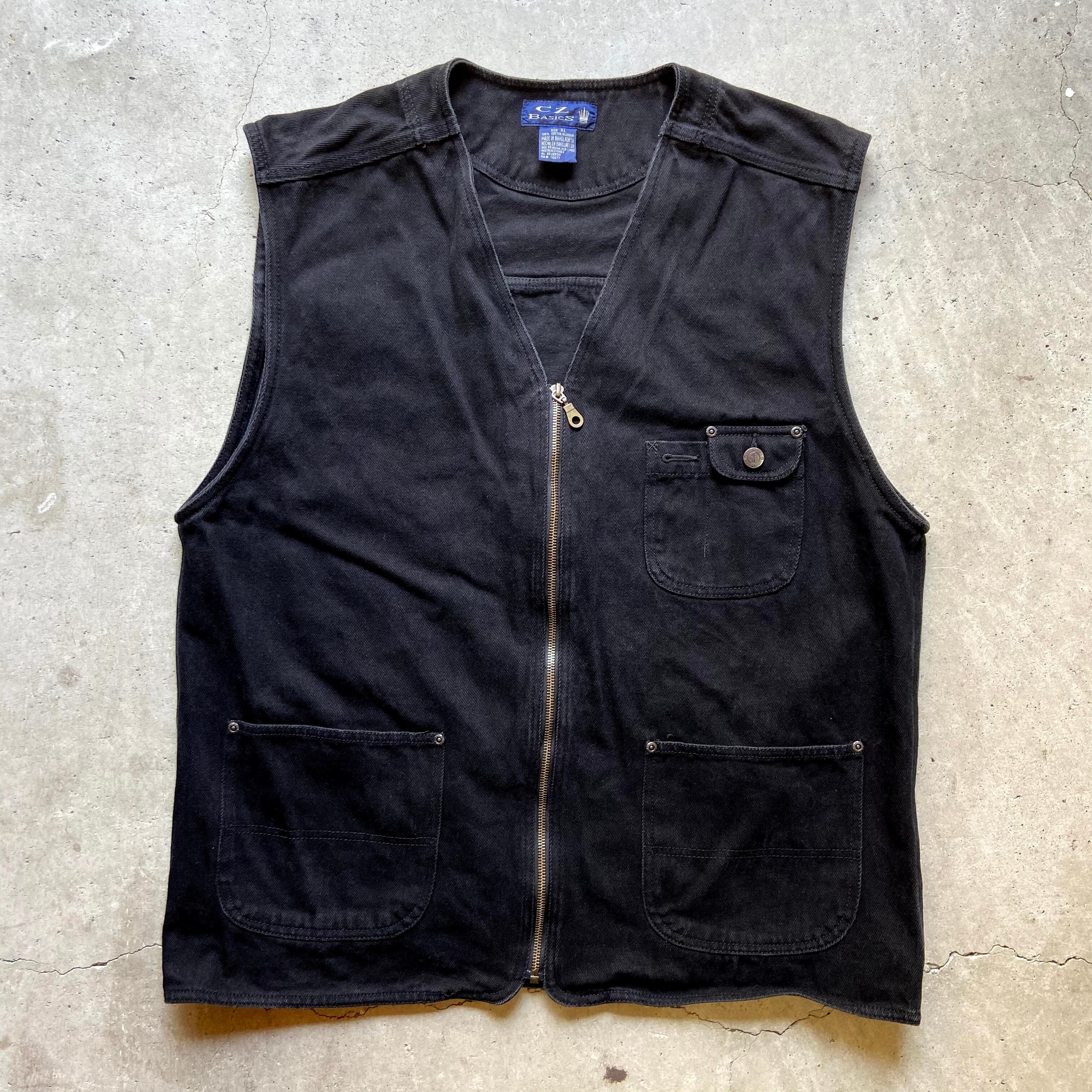 CZ BASICS ブラックデニムベスト メンズXL 古着 多機能ベスト 黒 