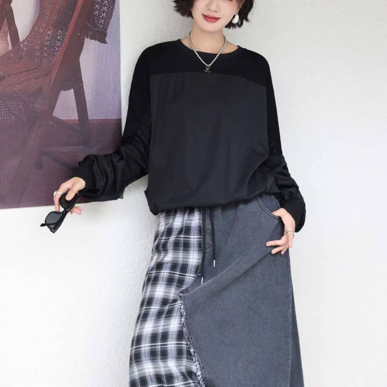RUCHED PUFF SLEEVE RELAXED ROUND NECK TOP M-18465