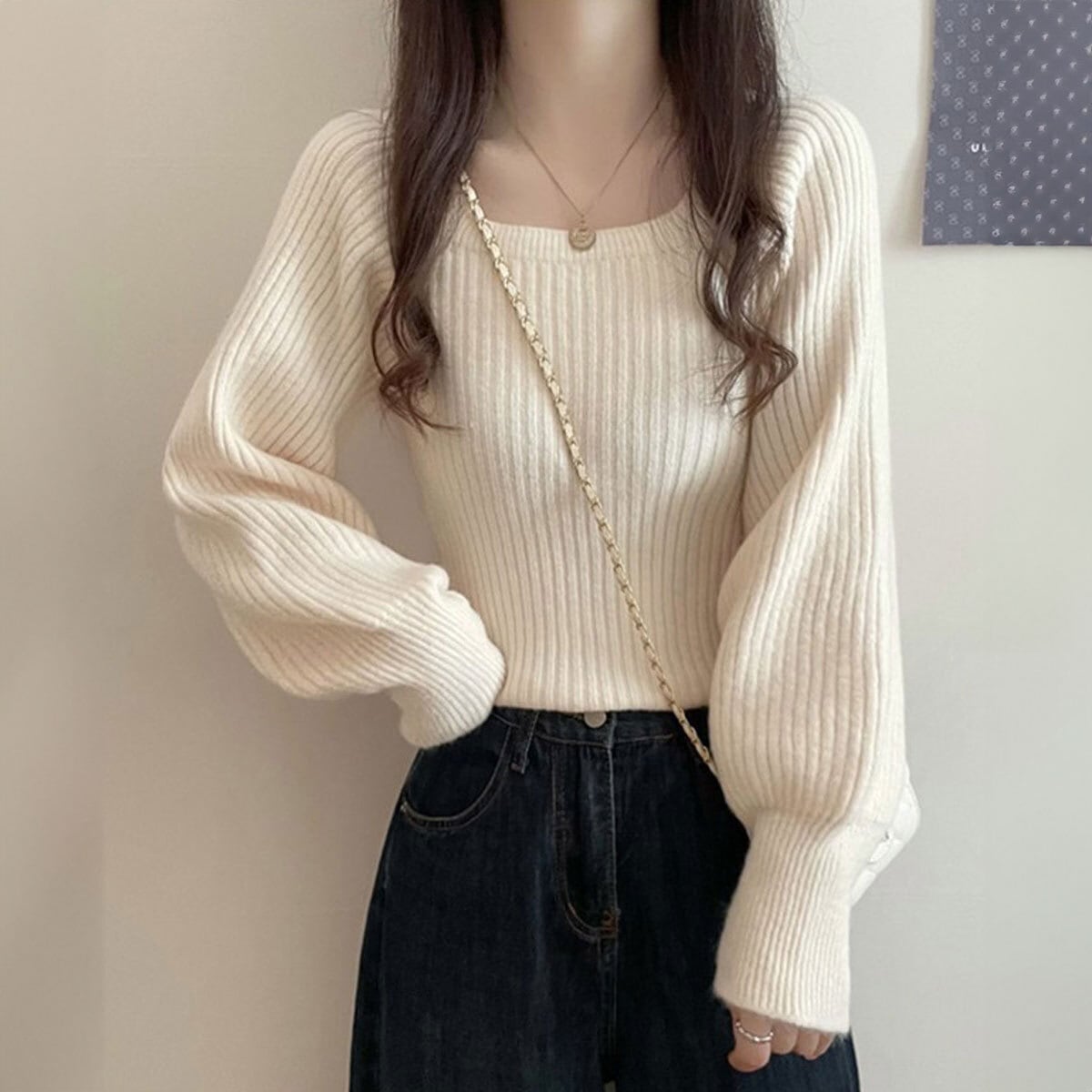 リブニット セーター スクエアネック レディース 秋冬 韓国 きれいめ 大人 かわいい カジュアル おしゃれ ゆったり 暖かい ニット 長袖 ぽわん袖 大人可愛い 大人女子