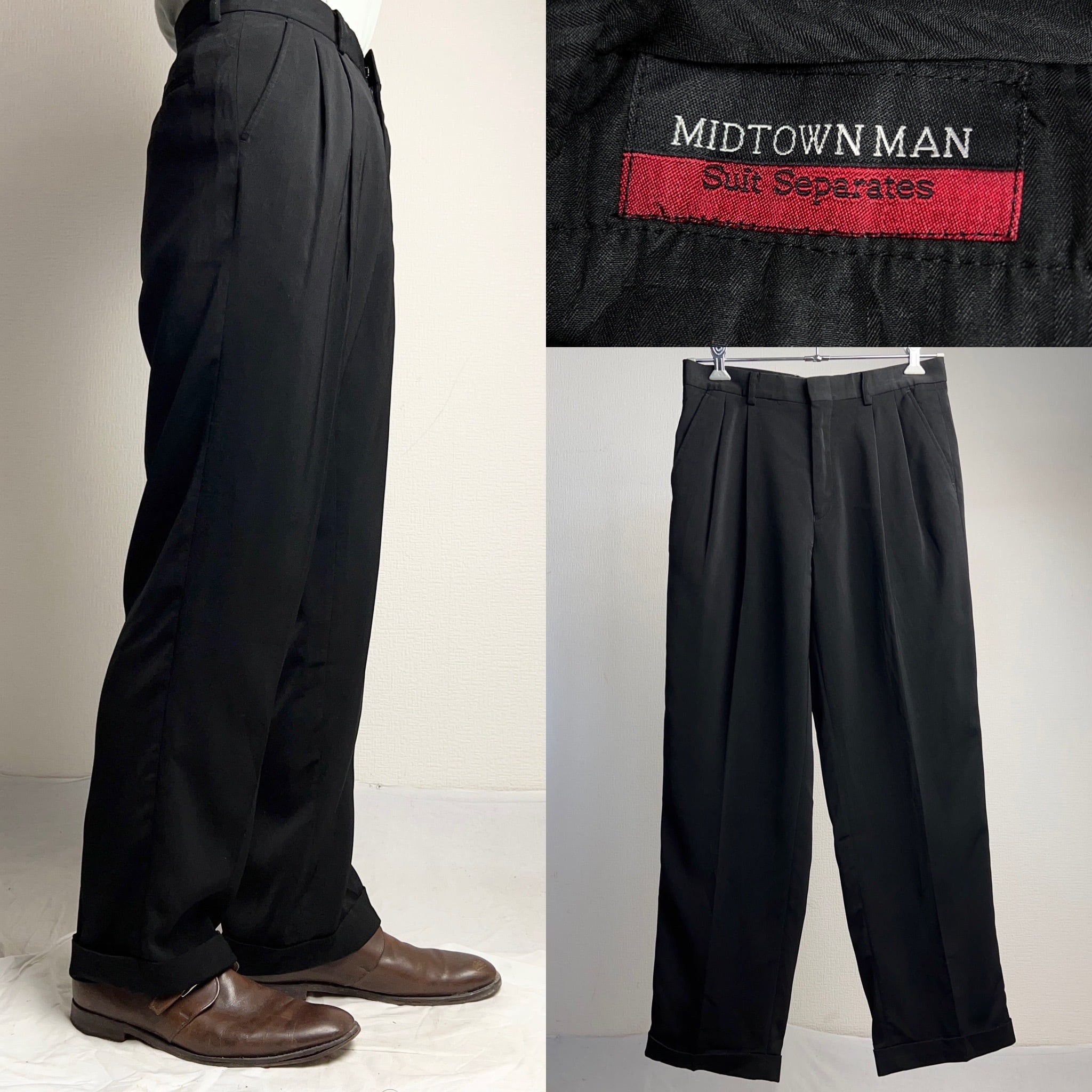 2Tuck Polyester Slacks Black 2タック ポリエステル スラックス ブラック 黒 W32 L30【0929A02】