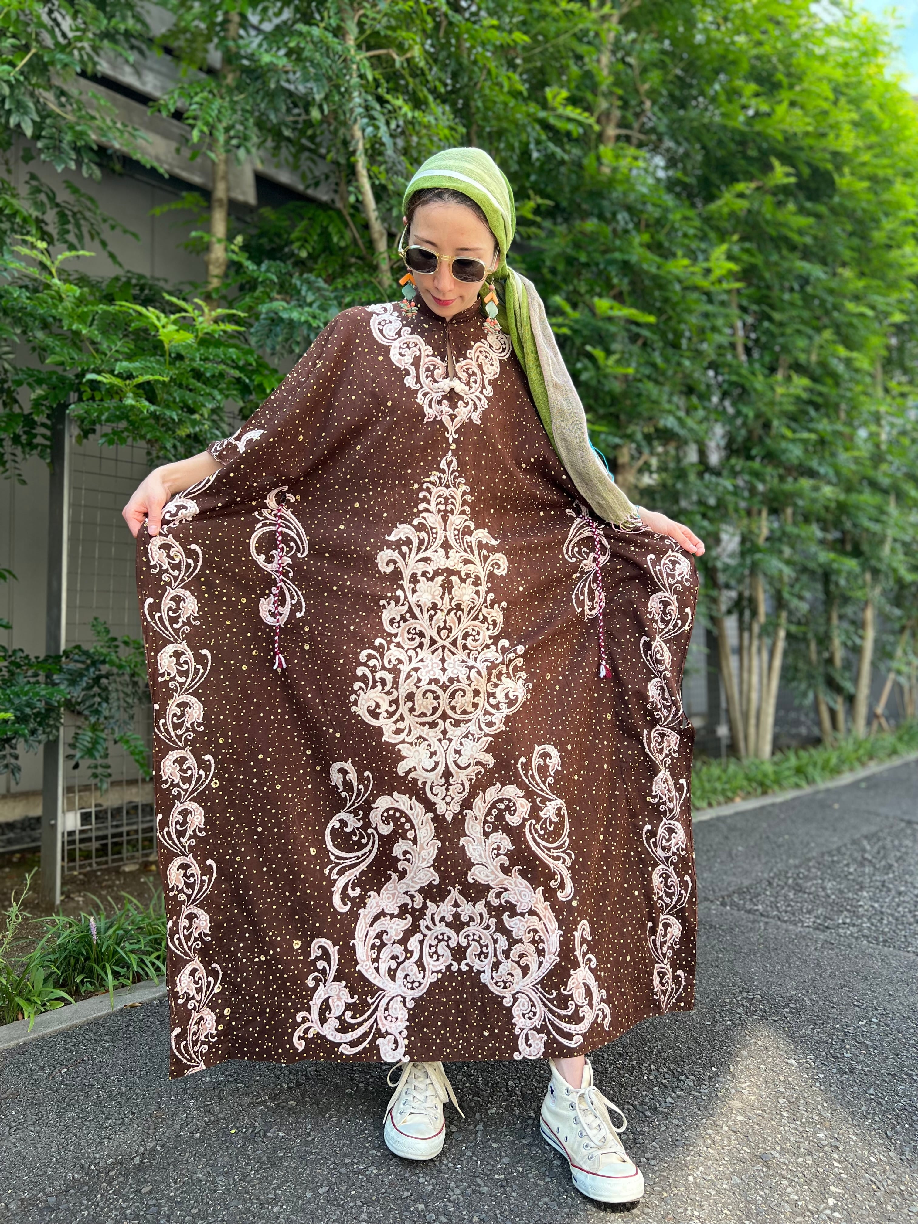 70s THAILAND × Chinese bottans × brown cotton dress ( ヴィンテージ  