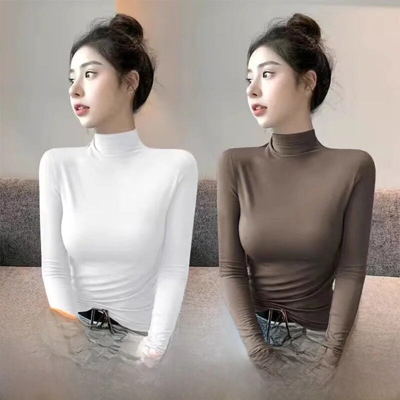 レディース 長袖ブラックベースシャツ ハーフハイネック スリムフィット 薄手 韓国風